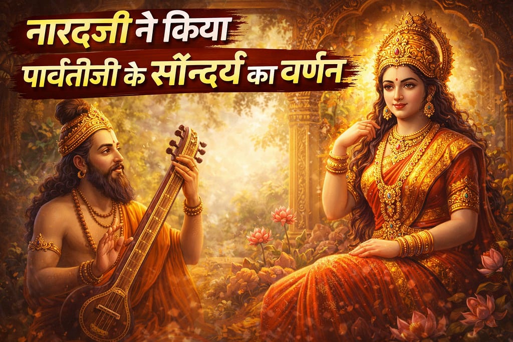 Current image: नारदजी द्वारा पार्वतीजी के सौन्दर्य का वर्णन करते हुए दिव्य दृश्य, जहाँ नारद मुनि वीणा बजाते हुए माता पार्वती के रूप का गुणगान कर रहे हैं।