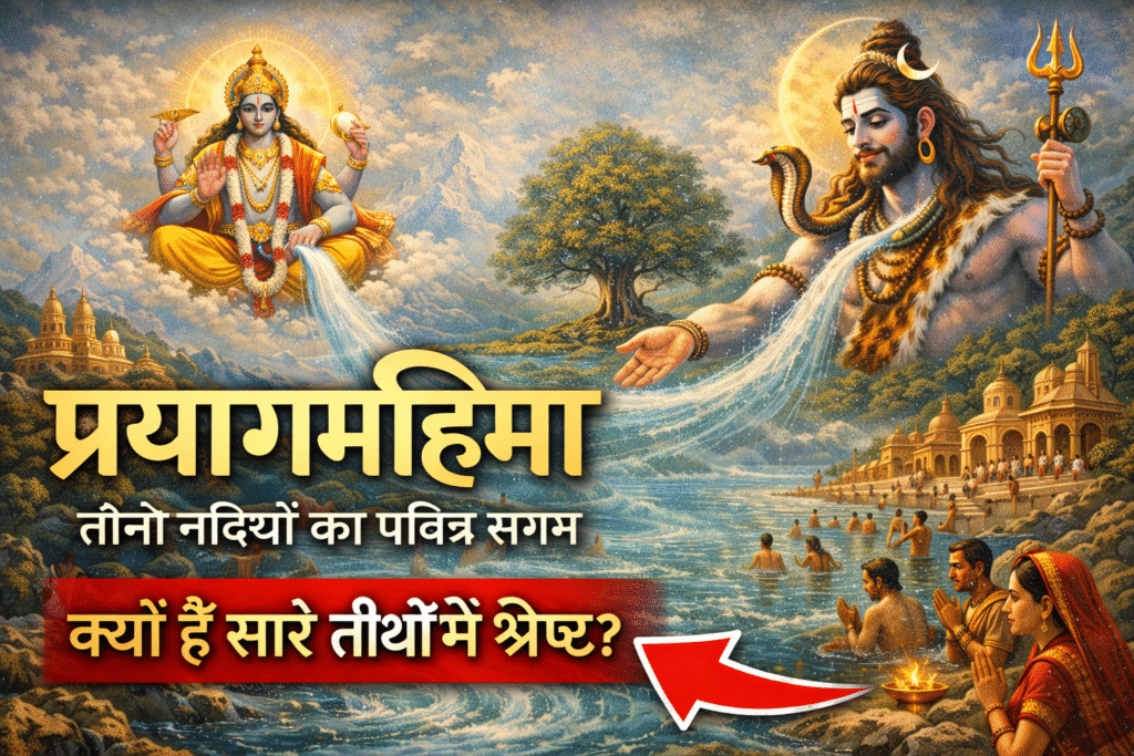 Current image: प्रयाग महिमा का दिव्य दृश्य जिसमें भगवान विष्णु और भगवान शिव गंगा-यमुना-सरस्वती के संगम को आशीर्वाद देते हुए, संगम में स्नान करते श्रद्धालु और अक्षयवट का पवित्र वातावरण दर्शाया गया है।