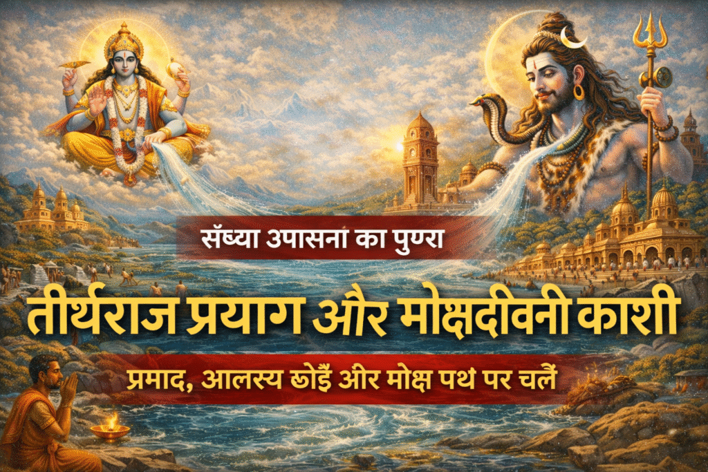 Current image: तीर्थराज प्रयाग, मोक्षदायिनी काशी और भगवान शिव-विष्णु की दिव्य उपस्थिति दर्शाती संध्या उपासना की आध्यात्मिक छवि