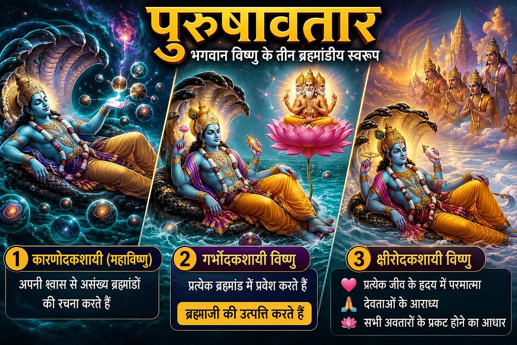 Current image: पुरुषावतार के तीन स्वरूप – कारणोदकशायी (महाविष्णु), गर्भोदकशायी विष्णु और क्षीरोदकशायी विष्णु का दिव्य ब्रह्माण्डीय चित्रण।