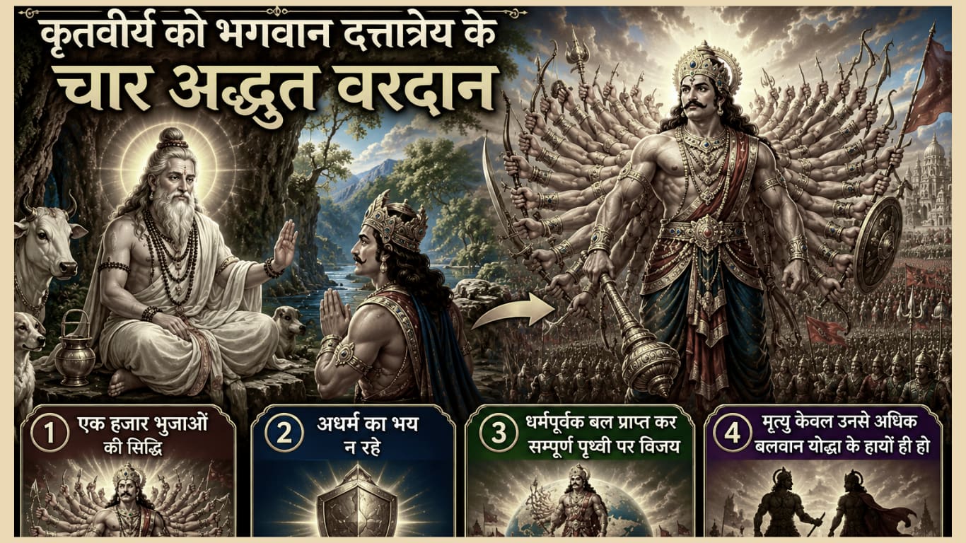 कठोर साधना से प्रसन्न होकर दत्तात्रेय ने उन्हें साक्षात दर्शन दिए और चार अद्भुत वरदान प्रदान करने की घोषणा की।
