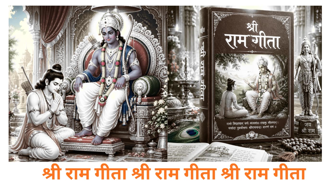 श्री राम गीता - Bhagwan Shri Ram singhasan par virajmaan hain aur unke charanon mein haath jode vinamra aur udaasin bhav mein Lakshman ji baithe hain, bhakti aur samarpan ka divya drishya