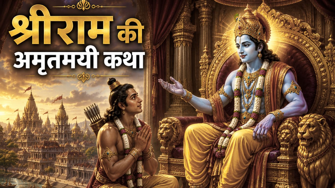 सही प्रश्नों की शक्ति - अयोध्या का दृश्य, श्रीराम महल में सिंहासन पर बैठे हैं। उनकी चरणों के पास हाथ जोड़े लक्ष्मणजी बैठे हैं