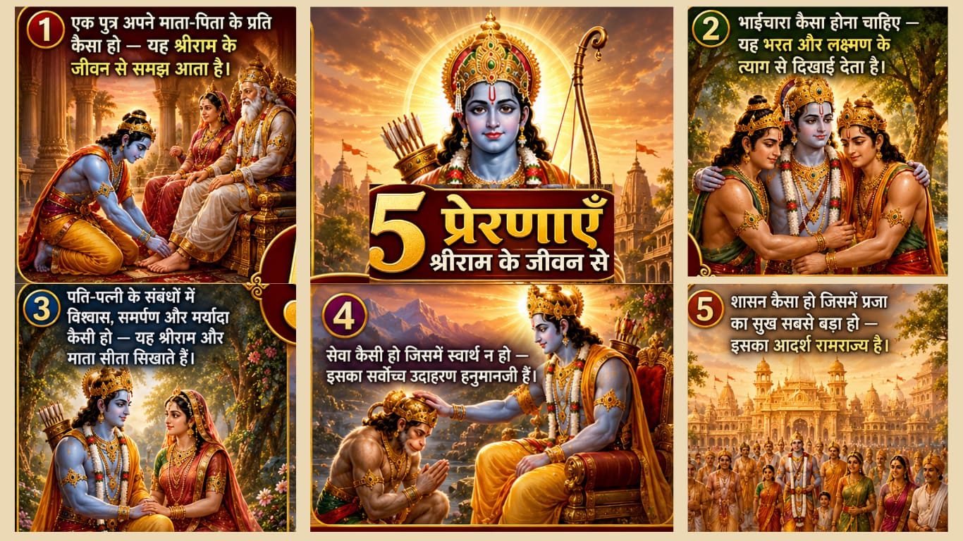 श्रीराम गीता के प्रथम श्लोक का रहस्य - भगवान श्रीराम के जीवन से जुड़ी 5 प्रेरणाओं को दर्शाता हुआ आध्यात्मिक थंबनेल, जिसमें माता-पिता की सेवा, भाईचारा, दांपत्य मर्यादा, हनुमानजी की सेवा और रामराज्य के दृश्य दिखाए गए हैं।
