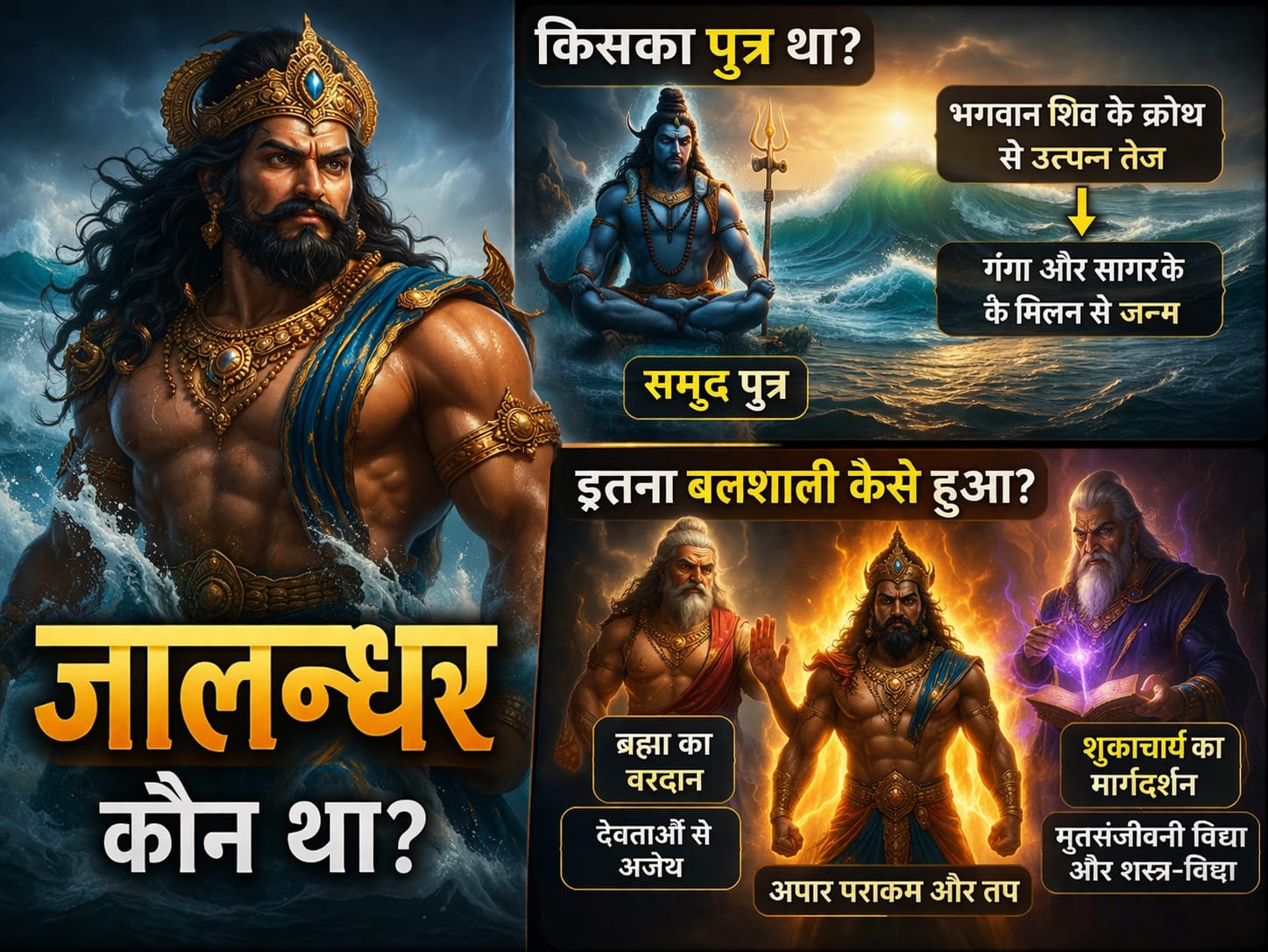 जालन्धर कौन था? किसका पुत्र था? इतना बलशाली कैसे हुआ? समुद्र से उत्पन्न शक्तिशाली जालन्धर का चित्र, भगवान शिव के क्रोध से जन्म, ब्रह्मा का वरदान और शुक्राचार्य का मार्गदर्शन दर्शाता हुआ दृश्य