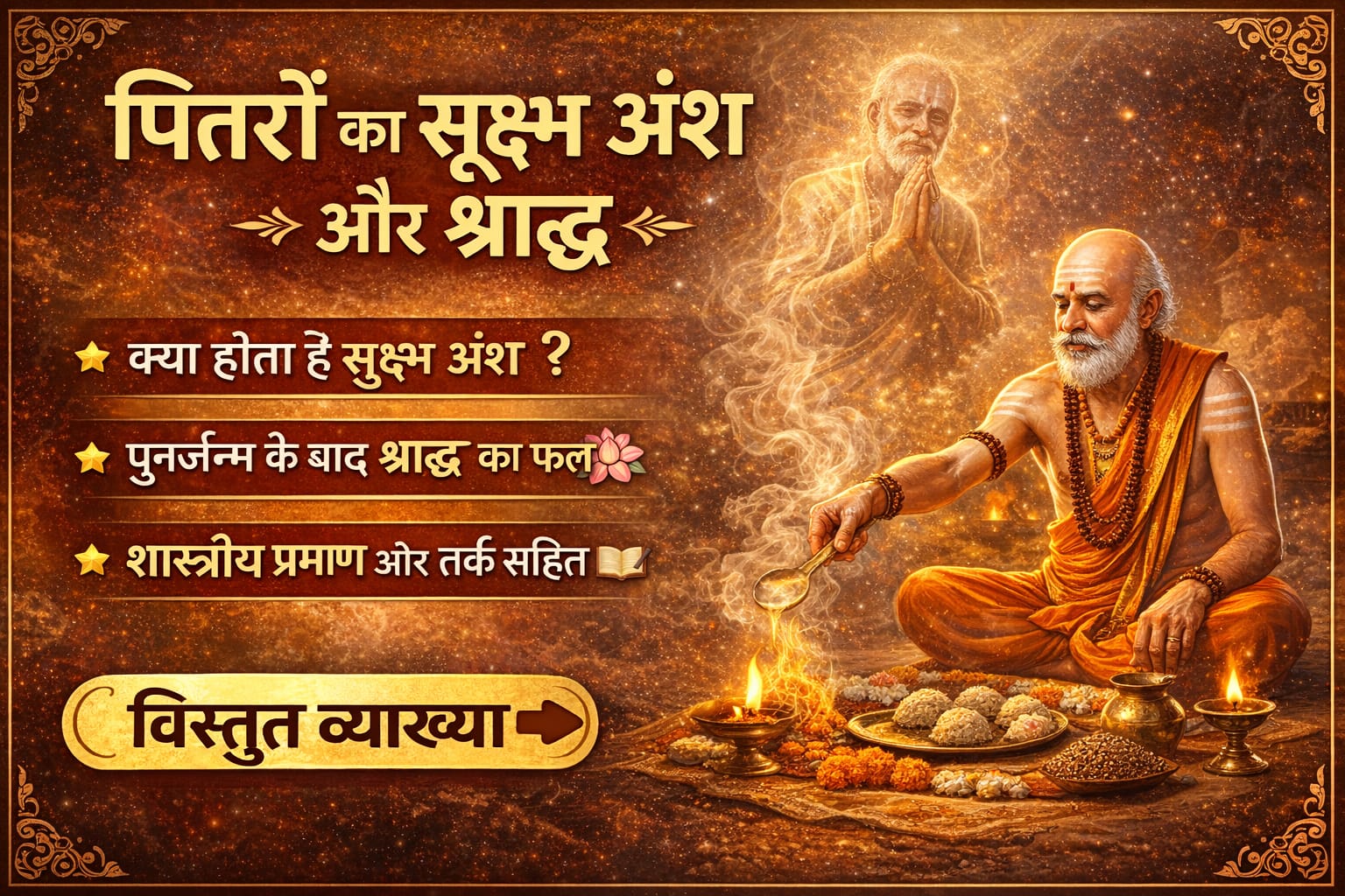 पितरों का सूक्ष्म अंश और श्राद्ध — विस्तृत व्याख्या-श्राद्ध कर्म करते हुए वैदिक पंडित, अग्नि में आहुति देते हुए, पीछे दिव्य प्रकाश में पितरों का सूक्ष्म रूप दिखाई देता हुआ—पितृलोक और श्राद्ध का आध्यात्मिक चित्रण।