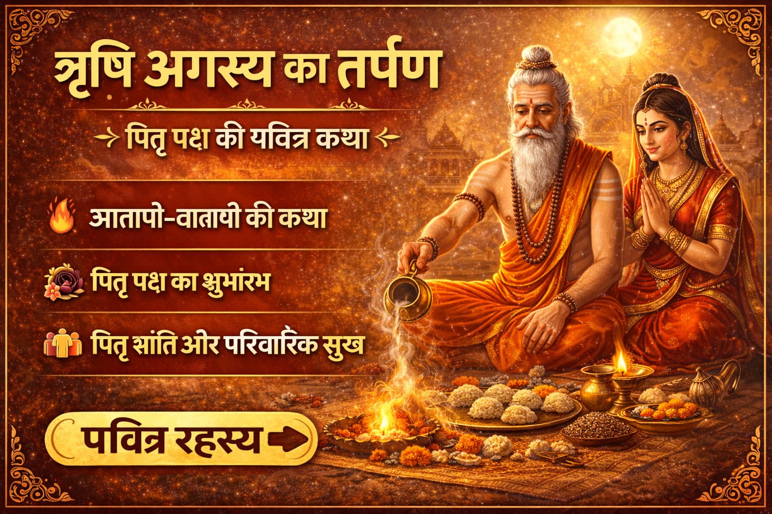 ऋषि अगस्त्य का तर्पण — पितृ पक्ष की पवित्र कथा-ऋषि अगस्त्य और माता लोपामुद्रा पितृ पक्ष के प्रथम दिन तर्पण करते हुए, अग्नि, पिंडदान, जल अर्पण और पूर्णिमा चंद्रमा के साथ दिव्य वातावरण में पितृ शांति का दृश्य