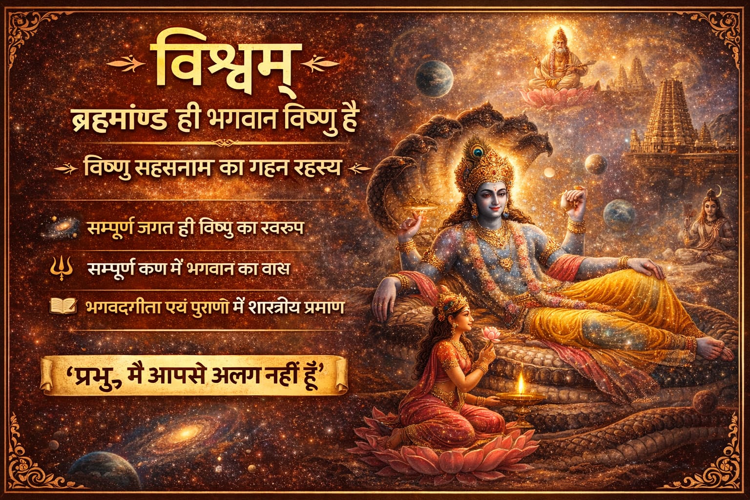 विश्वम् – ब्रह्माण्ड ही भगवान विष्णु हैं- भगवान विष्णु का विराट रूप जिसमें सम्पूर्ण ब्रह्माण्ड, तारे, आकाशगंगाएँ और समस्त सृष्टि समाहित दिखाई दे रही है, विष्णु सहस्रनाम के प्रथम नाम ‘विश्वम्’ का प्रतीकात्मक चित्रण।