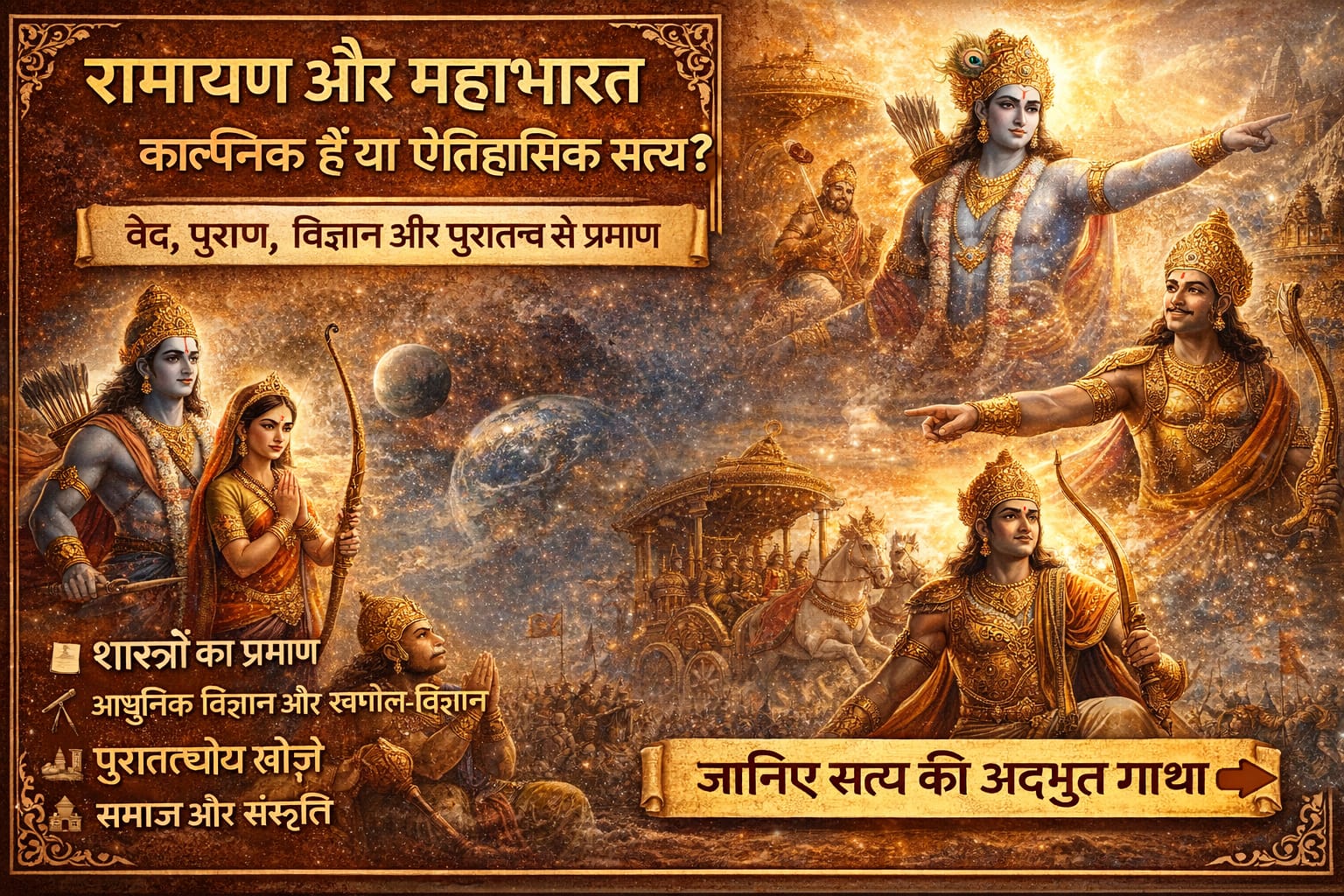 "रामायण और महाभारत: काल्पनिक या ऐतिहासिक सत्य? भगवान राम, कृष्ण, महाभारत युद्ध और रामसेतु की डिजिटल कलात्मक छवि, शास्त्र, विज्ञान और पुरातत्व प्रमाणों के साथ।"