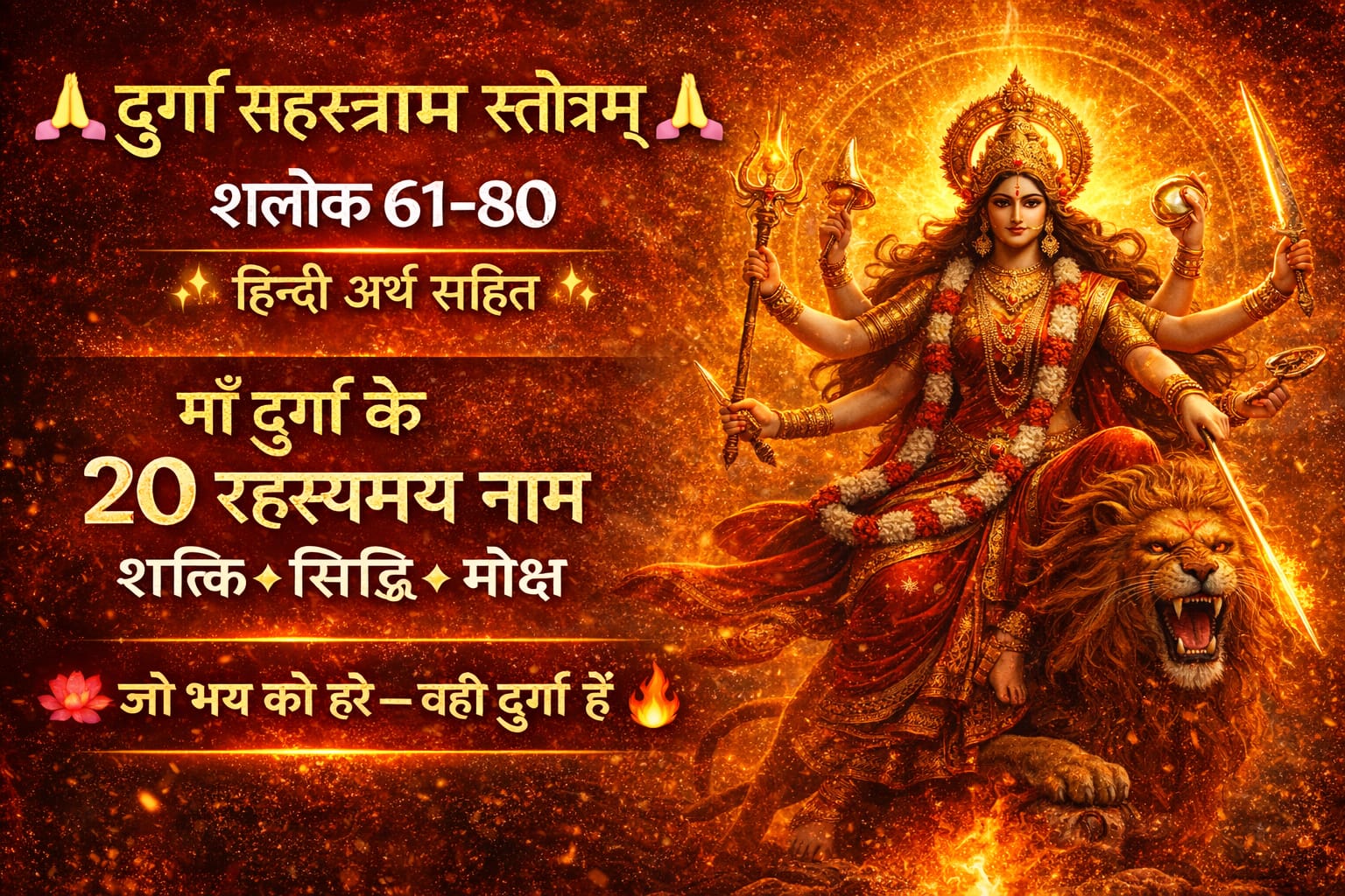 दुर्गा सहस्रनाम स्तोत्रम् (श्लोक 61-80)-“सिंह पर विराजमान माँ दुर्गा का दिव्य स्वरूप – दुर्गा सहस्रनाम स्तोत्रम् श्लोक 61–80 हिन्दी अर्थ सहित”