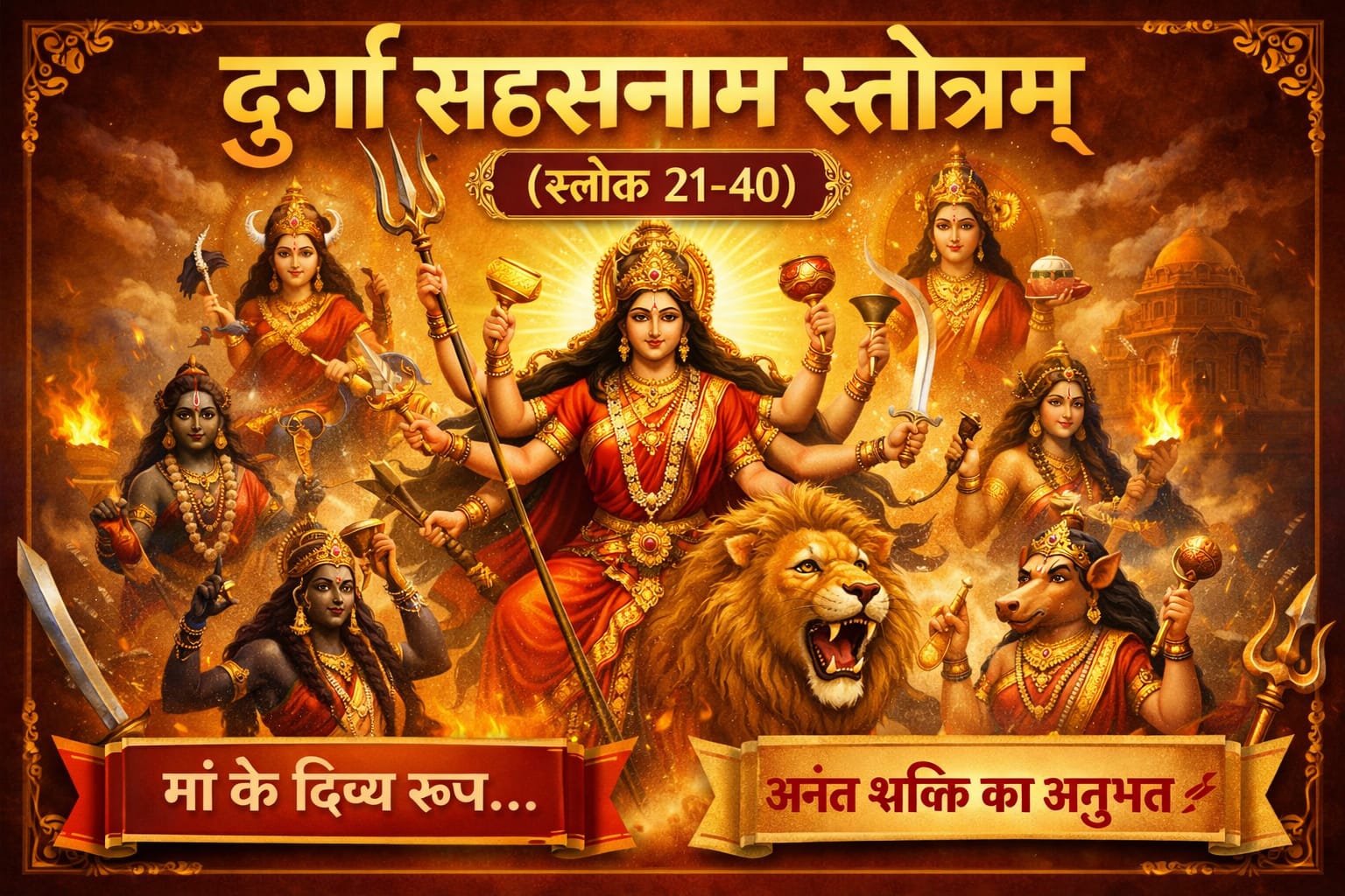 दुर्गा सहस्रनाम स्तोत्रम् (श्लोक 21–40) का दिव्य दृश्य, जिसमें माँ दुर्गा अनेक भुजाओं के साथ तेजस्वी स्वरूप में विराजमान हैं और उनके चारों ओर दिव्य प्रकाश और शक्ति का आभास हो रहा है।