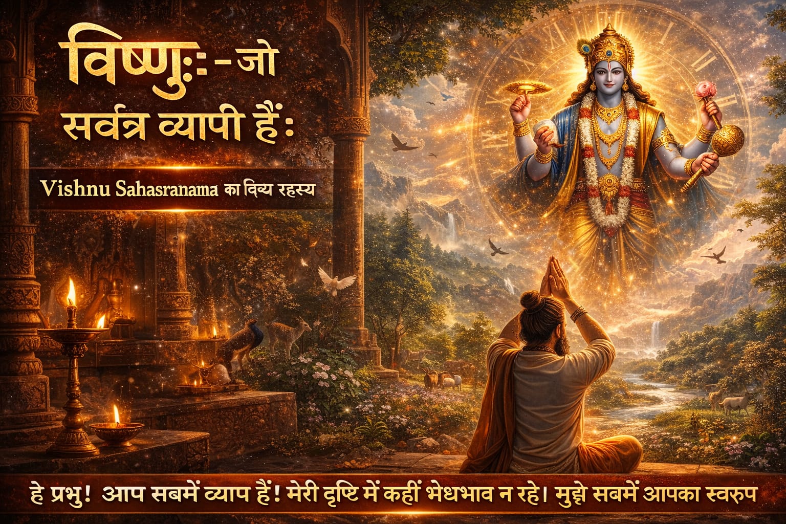 विष्णुः भगवान विष्णु का चतुर्भुज रूप आकाश में प्रकट होते हुए, एक साधक मंदिर में हाथ जोड़कर प्रार्थना करता हुआ, जो उनकी सर्वव्यापकता को दर्शाता है