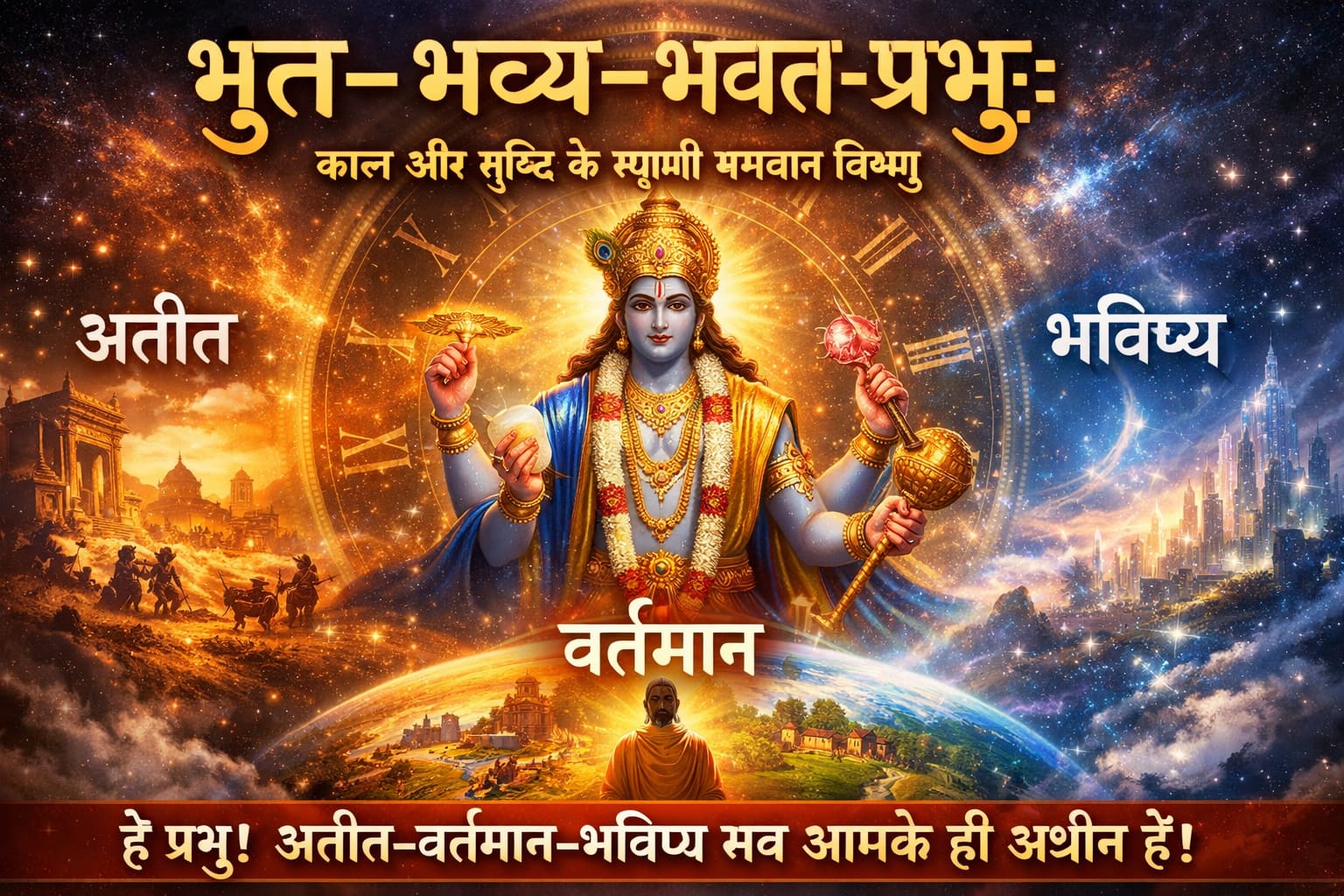 भूत-भव्य-भवत-प्रभुः भगवान विष्णु का चतुर्भुज रूप, शंख चक्र गदा पद्म धारण किए हुए, पीछे कालचक्र के साथ अतीत वर्तमान और भविष्य को दर्शाता हुआ दिव्य दृश्य