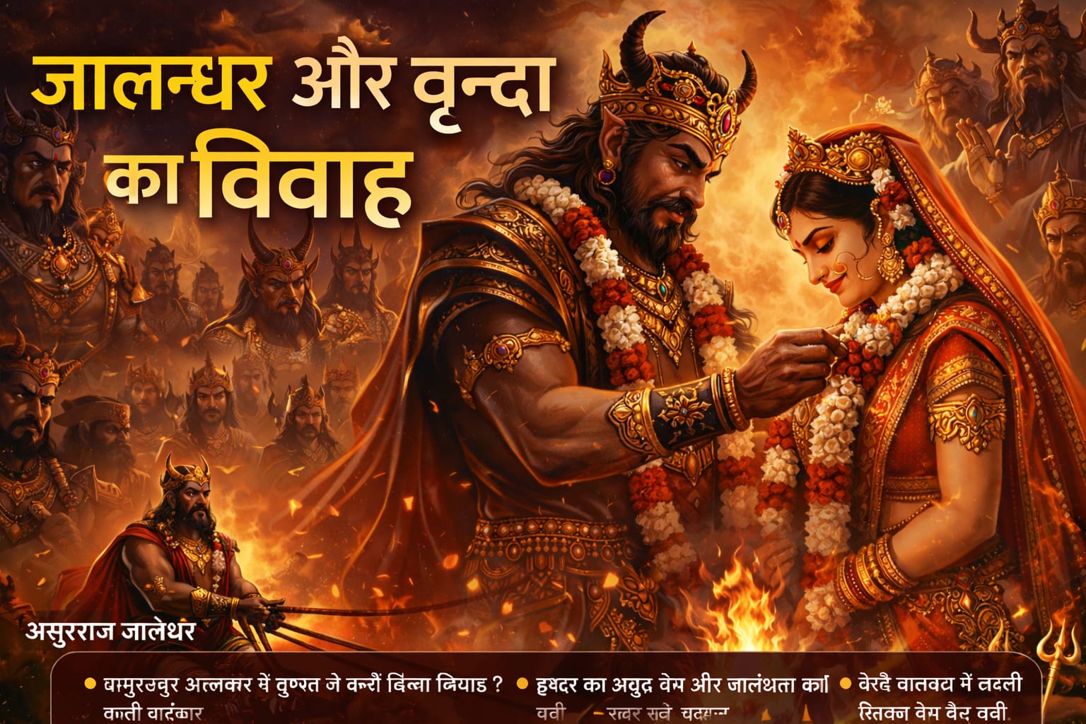असुरराज जालन्धर और वृन्दा का दिव्य विवाह वर्णन दृश्य, जालन्धर वृन्दा को वरमाला पहनाते हुए, पृष्ठभूमि में असुर सेना और अग्नि यज्ञ का वातावरण