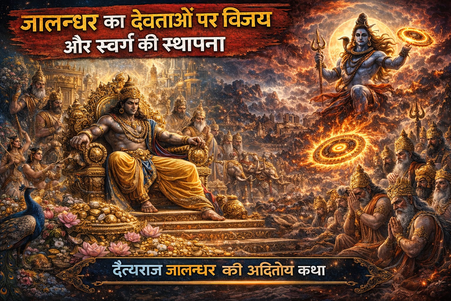 जालन्धर का देवताओं पर विजय और स्वर्ग की स्थापना दर्शाता हुआ दृश्य, जिसमें दैत्यराज जालन्धर स्वर्ण सिंहासन पर विराजमान हैं और पराजित देवता उनके सामने खड़े हैं