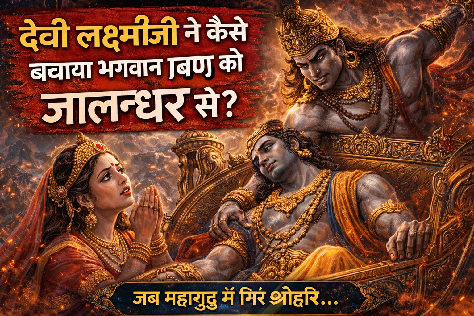जालन्धर और भगवान विष्णु का महासंग्राम, रणभूमि में विष्णु का गिरना और लक्ष्मीजी द्वारा उनकी रक्षा का दिव्य दृश्य