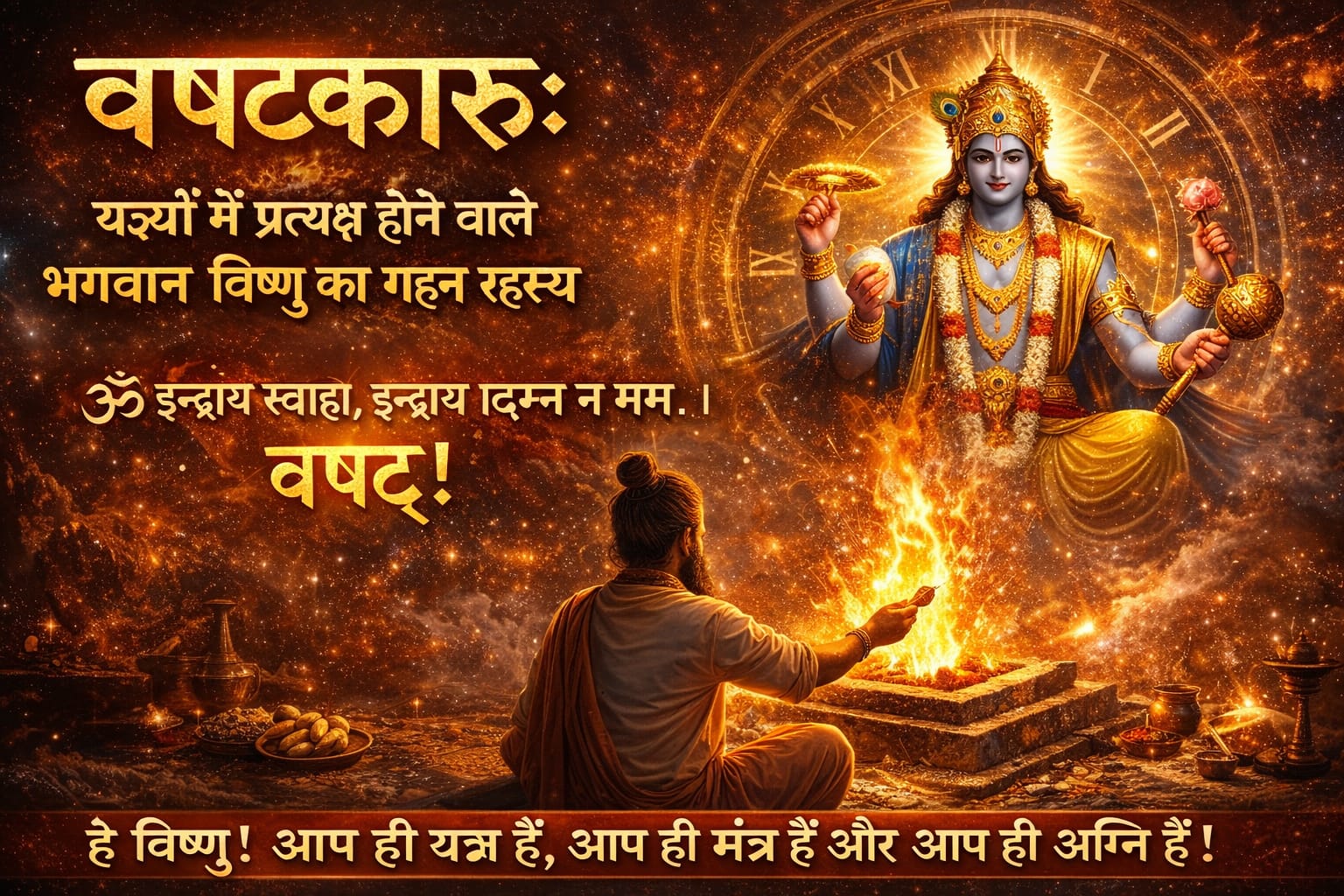 भगवान विष्णु का चतुर्भुज रूप यज्ञ अग्नि के ऊपर प्रकट होते हुए, एक साधक द्वारा अग्नि में आहुति देते हुए “वषट्कारः” का दिव्य दृश्य