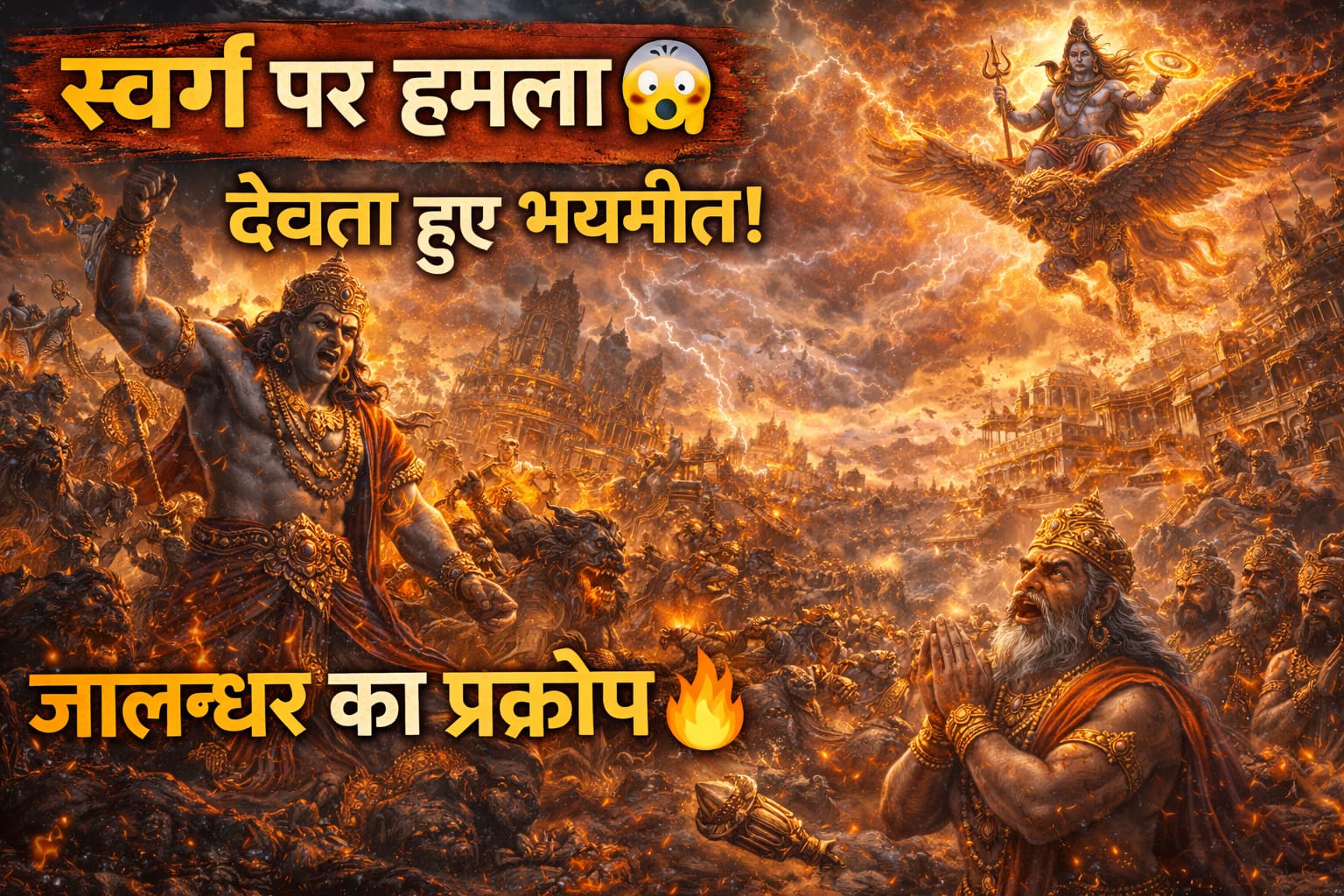 जालन्धर का प्रकोप दिखाता हुआ दृश्य जिसमें दैत्य सेना स्वर्ग पर आक्रमण कर रही है, इन्द्र भयभीत हैं और भगवान विष्णु गरुड़ पर सवार होकर युद्ध के लिए तैयार हैं