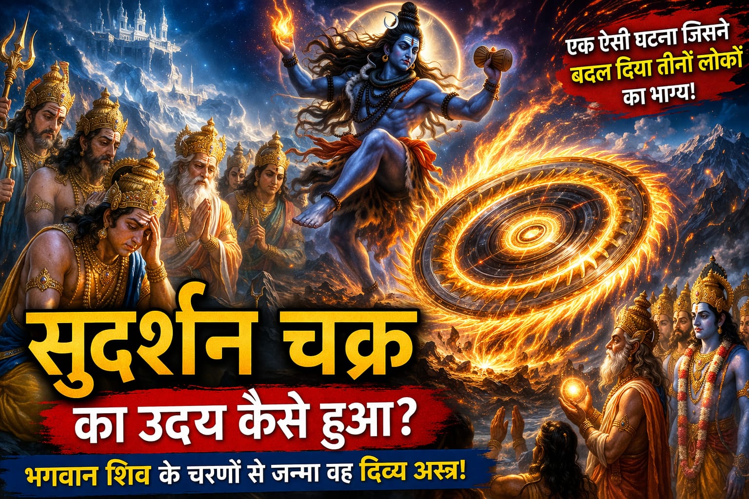 सुदर्शन चक्र का उदय क्यों और कैसे हुआ ? – भगवान शिव द्वारा सुदर्शन चक्र का निर्माण, देवताओं की पराजय, और भगवान विष्णु के साथ दिव्य दृश्य दर्शाता हुआ पौराणिक चित्र