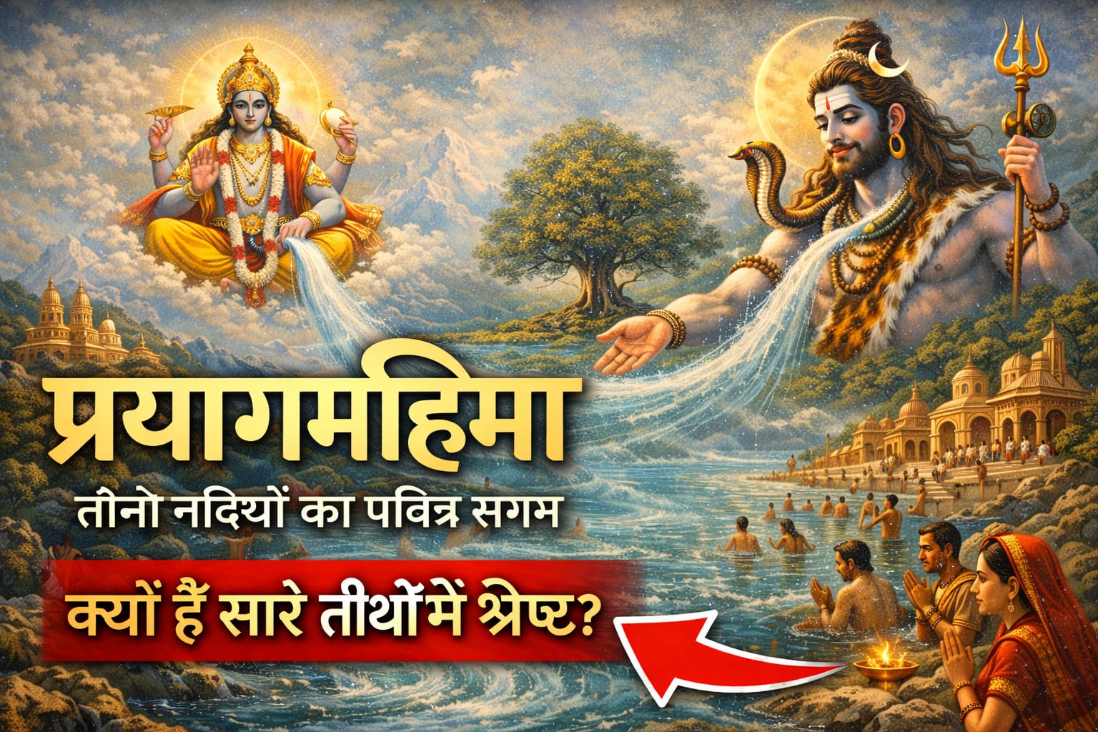 प्रयाग महिमा का दिव्य दृश्य जिसमें भगवान विष्णु और भगवान शिव गंगा-यमुना-सरस्वती के संगम को आशीर्वाद देते हुए, संगम में स्नान करते श्रद्धालु और अक्षयवट का पवित्र वातावरण दर्शाया गया है।
