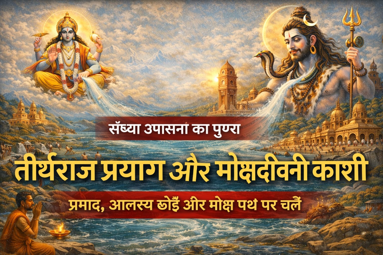 तीर्थराज प्रयाग, मोक्षदायिनी काशी और भगवान शिव-विष्णु की दिव्य उपस्थिति दर्शाती संध्या उपासना की आध्यात्मिक छवि