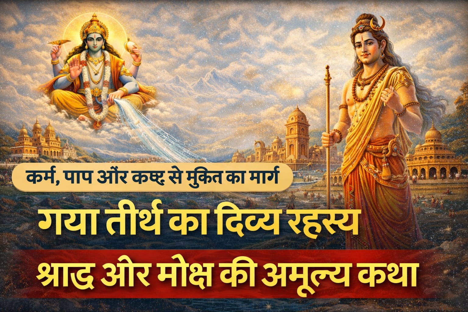 गया तीर्थ की दिव्य छवि जिसमें भगवान विष्णु, भगवान शिव और श्राद्ध करते श्रद्धालु दिखाई दे रहे हैं, कर्म और पाप से मुक्ति तथा मोक्ष का मार्ग दर्शाती हुई आध्यात्मिक कथा।