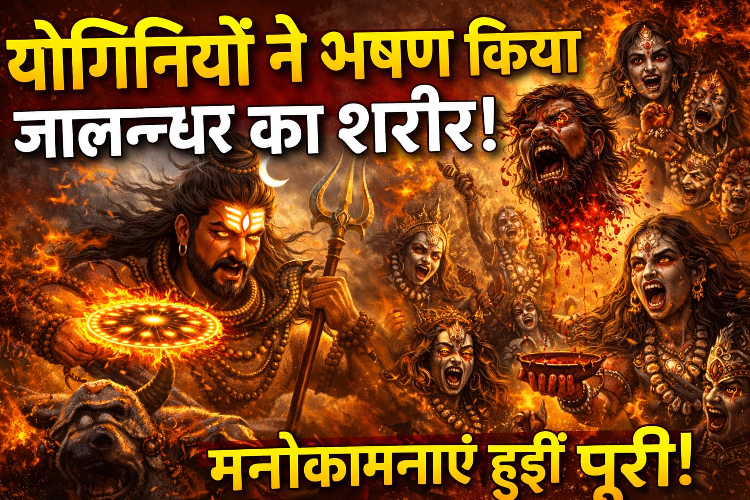 जालंधर का अंत, योगिनियां - योगिनियों द्वारा जालंधर का अभक्षण करते हुए भगवान शिव का रौद्र रूप, अग्नि और महायुद्ध की पौराणिक दृश्यावली