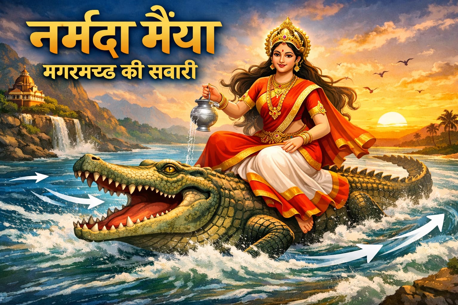 मगरमच्छ पर सवार देवी नर्मदा, पूर्व से पश्चिम की ओर बहती नर्मदा नदी का दिव्य प्रतीकात्मक चित्र