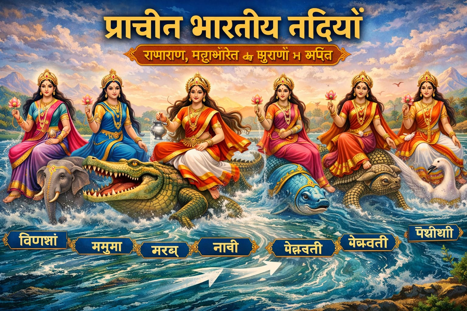 पौराणिक नदियां: भारतीय नदियों का दिव्य चित्र जिसमें विभिन्न नदी देवियाँ अपने-अपने वाहन पर विराजमान होकर प्रवाहित जलधारा का प्रतीकात्मक रूप दिखा रही हैं