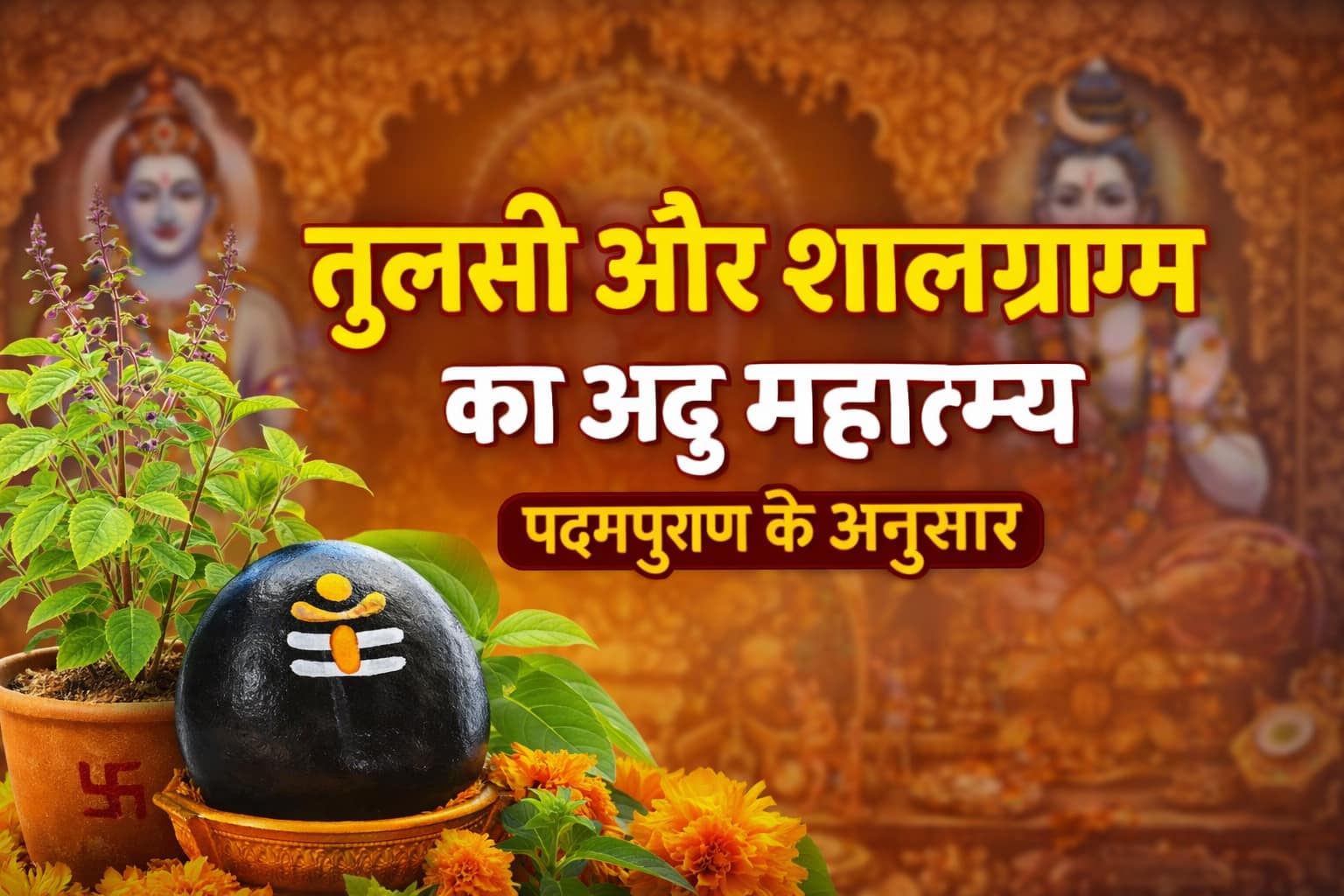 तुलसी पौधे के साथ विराजमान शालग्राम शिला, पृष्ठभूमि में भगवान विष्णु और शिव – पद्मपुराण के अनुसार तुलसी और शालग्राम का माहात्म्य दर्शाती दिव्य छवि