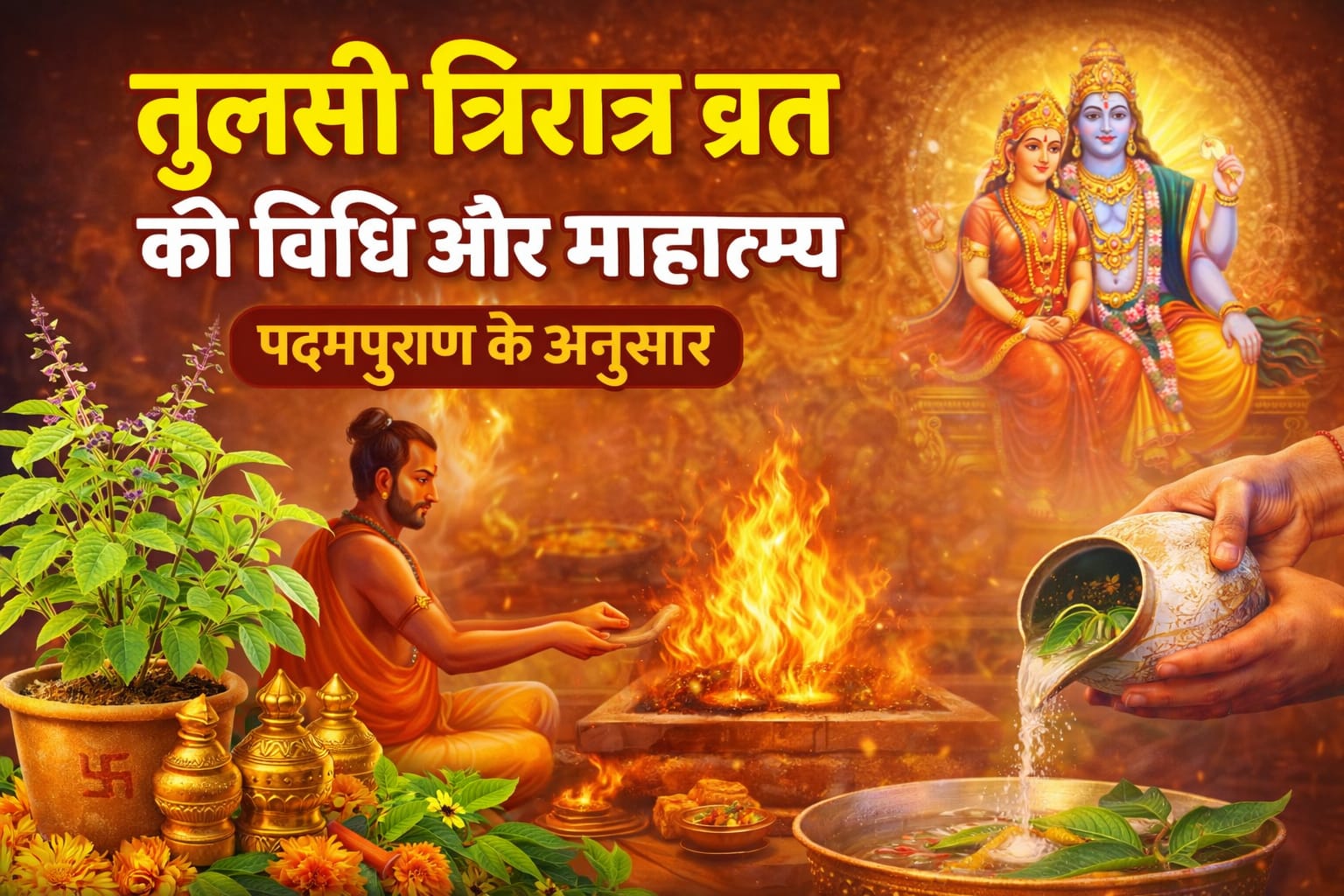कार्तिक मास में तुलसी त्रिरात्र व्रत करते हुए ब्राह्मण द्वारा वैष्णव होम, तुलसी पौधा, कलश, दीप और लक्ष्मी–नारायण भगवान की दिव्य छवि