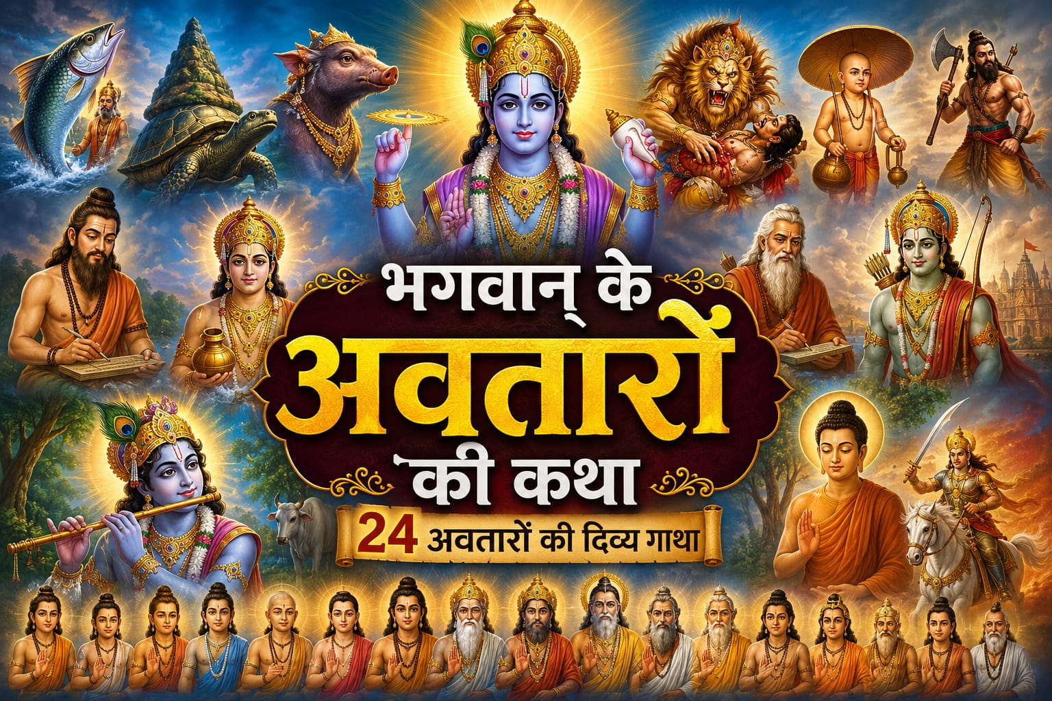 भगवान विष्णु के प्रमुख अवतारों का भव्य कोलाज, जिसमें मत्स्य, कूर्म, वराह, नरसिंह, वामन, परशुराम, श्रीराम, श्रीकृष्ण, बुद्ध, कल्कि, वेदव्यास, कपिल, दत्तात्रेय तथा अन्य दिव्य अवतारों का चित्रण किया गया है।