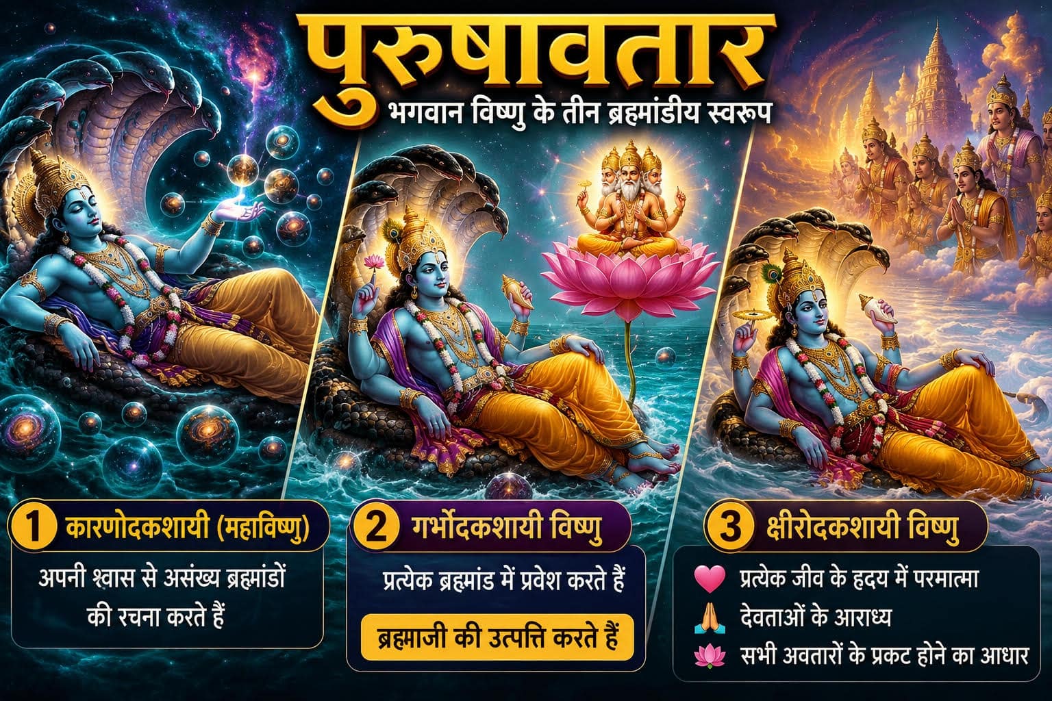 पुरुषावतार के तीन स्वरूप – कारणोदकशायी (महाविष्णु), गर्भोदकशायी विष्णु और क्षीरोदकशायी विष्णु का दिव्य ब्रह्माण्डीय चित्रण।