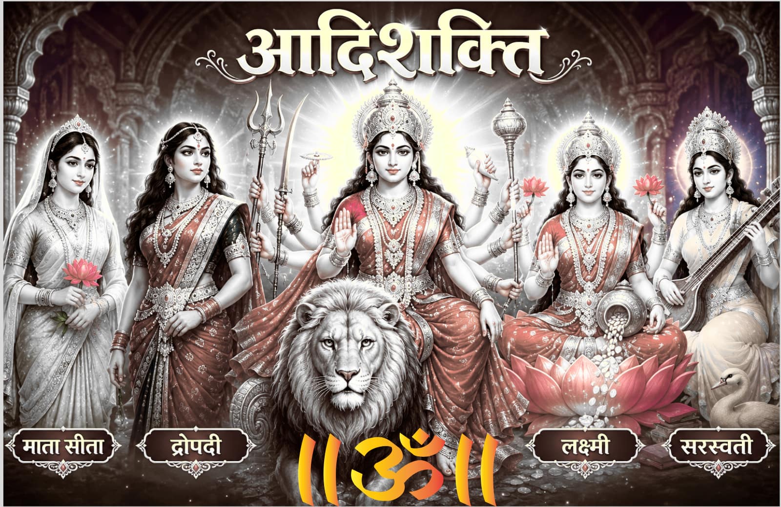 नारी शक्ति आद्य शक्ति प्रकृति: आदिशक्ति देवी सिंह पर विराजमान हैं, दोनों ओर माता सीता, द्रौपदी, लक्ष्मी और सरस्वती दिव्य स्वरूप में दर्शाई गई हैं।