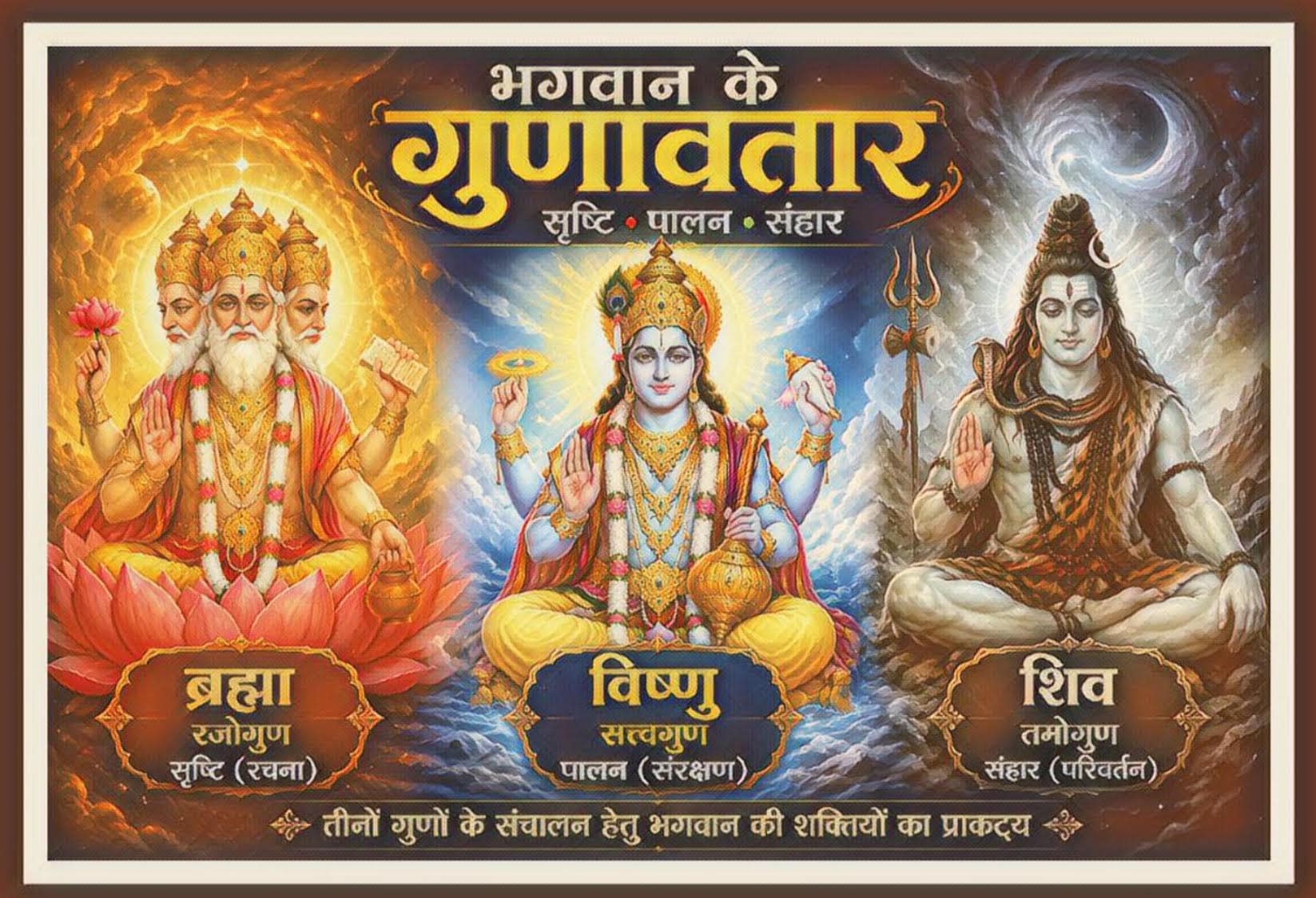 भगवान के गुणावतार का दिव्य चित्र, जिसमें ब्रह्माजी रजोगुण द्वारा सृष्टि की रचना, भगवान विष्णु सत्त्वगुण द्वारा जगत का पालन और भगवान शिव तमोगुण द्वारा संहार करते हुए दर्शाए गए हैं। पृष्ठभूमि में ब्रह्माण्डीय दिव्यता और तीनों गुणों का प्रतीकात्मक चित्रण है।