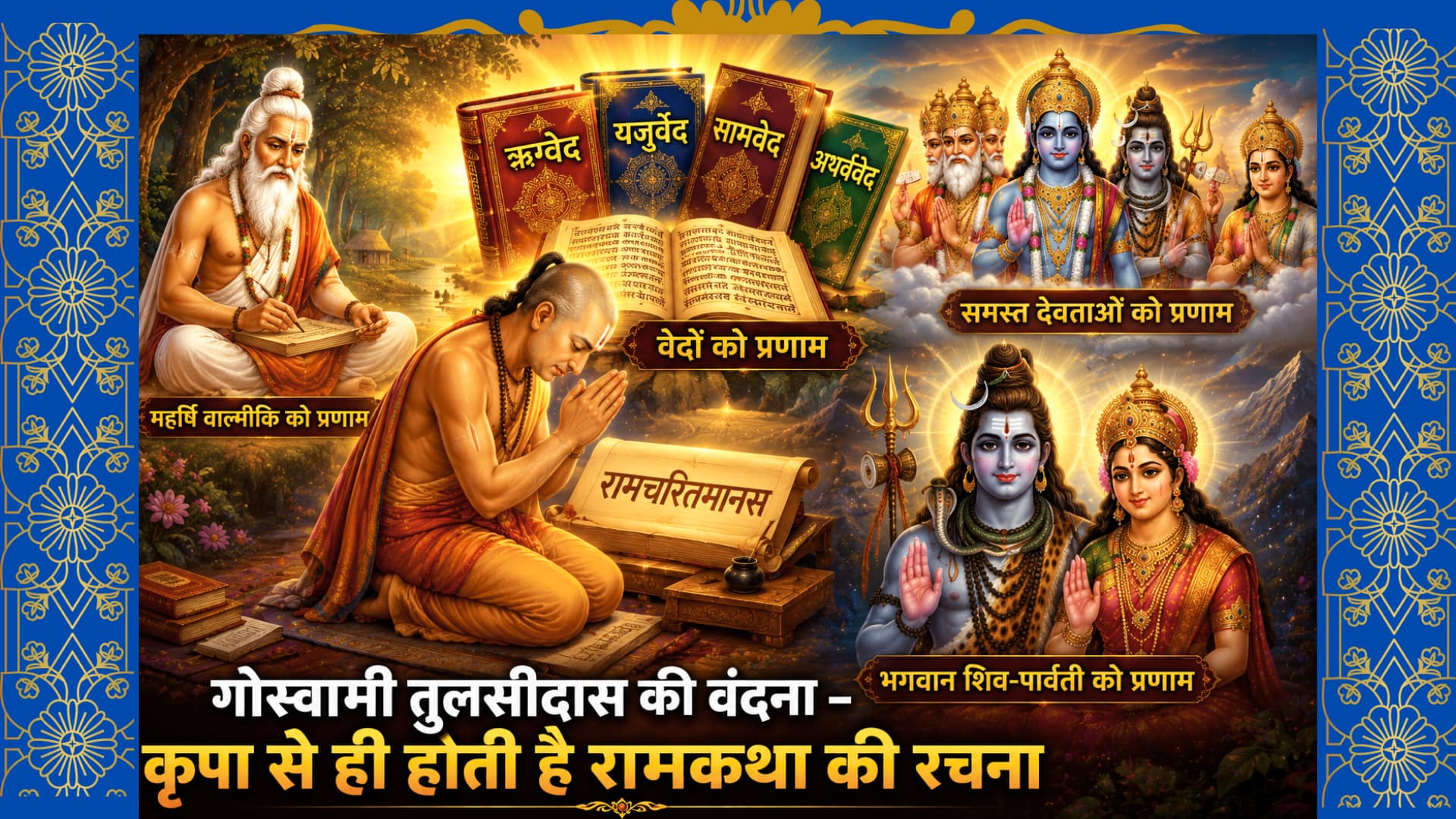 वाल्मीकि मुनि रामायण लिखते हुए, चारों वेद, ब्रह्मा, देवता, भगवान शिव और माता पार्वती के साथ रामचरितमानस बालकाण्ड की वंदना दर्शाता अद्भुत चित्र