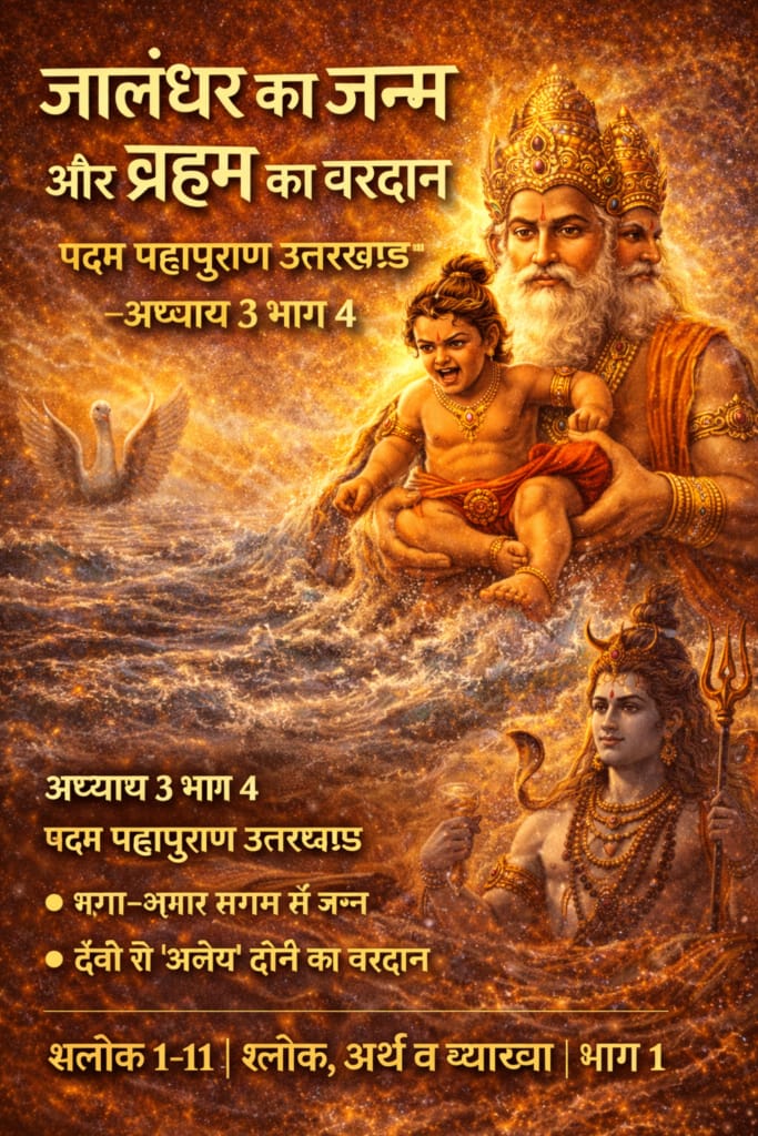 Current image: जालंधर का जन्म और ब्रह्मा का वरदान दर्शाता हुआ पद्म महापुराण उत्तरखंड अध्याय 3 भाग 4 का दिव्य दृश्य, जिसमें समुद्र से प्रकट बालक और ब्रह्मा का आशीर्वाद