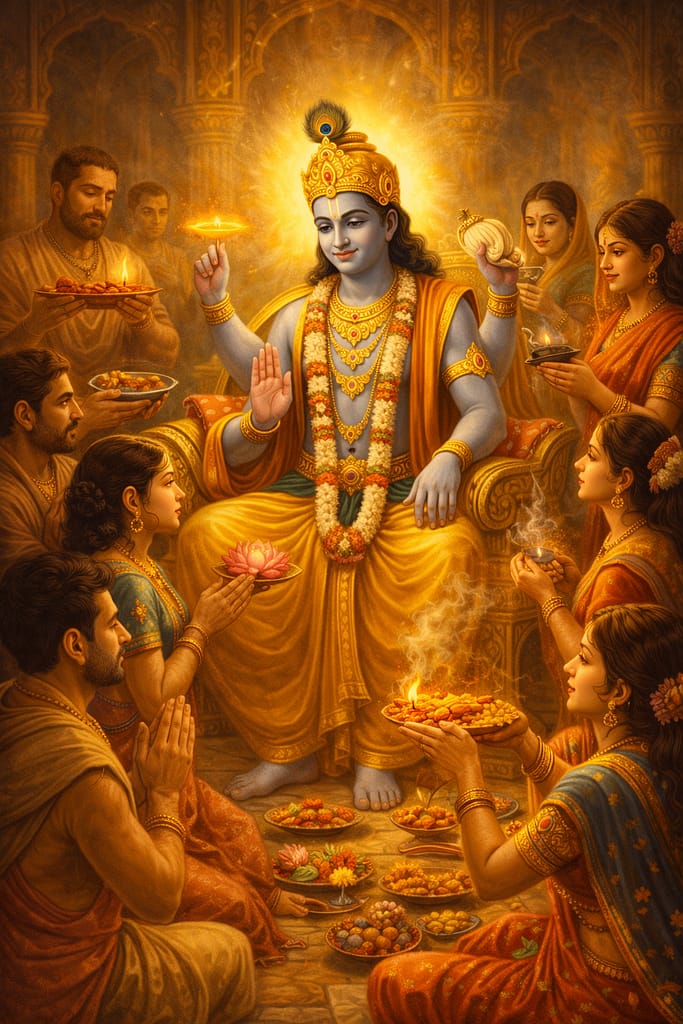 सिंहासन पर विराजमान भगवान विष्णु का दिव्य स्वरूप, चारों ओर पुरुष और महिलाएँ आरती और पूजा करते हुए, मंदिर के स्वर्णिम वातावरण में भक्ति दृश्य