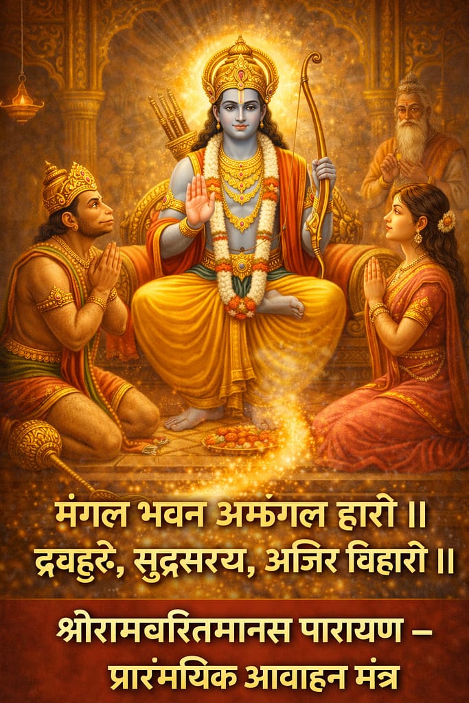 श्रीरामचरितमानस पारायण – प्रारंभिक आवाहन मंत्र: सिंहासन पर विराजमान भगवान श्रीराम हाथ में धनुष धारण किए हुए, सामने भक्तिभाव से बैठे हनुमानजी और माता सीता, रामचरितमानस पारायण के प्रारंभिक आवाहन मंत्र का दिव्य दृश्य