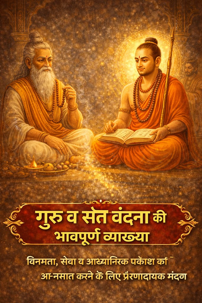गुरु व संत वंदना की भावपूर्ण व्याख्या: एक संत या गुरु आसन पर विराजमान हैं और उनके सामने भक्त हाथ जोड़कर श्रद्धा से गुरु व संत वंदना कर रहे हैं, पृष्ठभूमि में दिव्य आध्यात्मिक आभा दिखाई दे रही है।