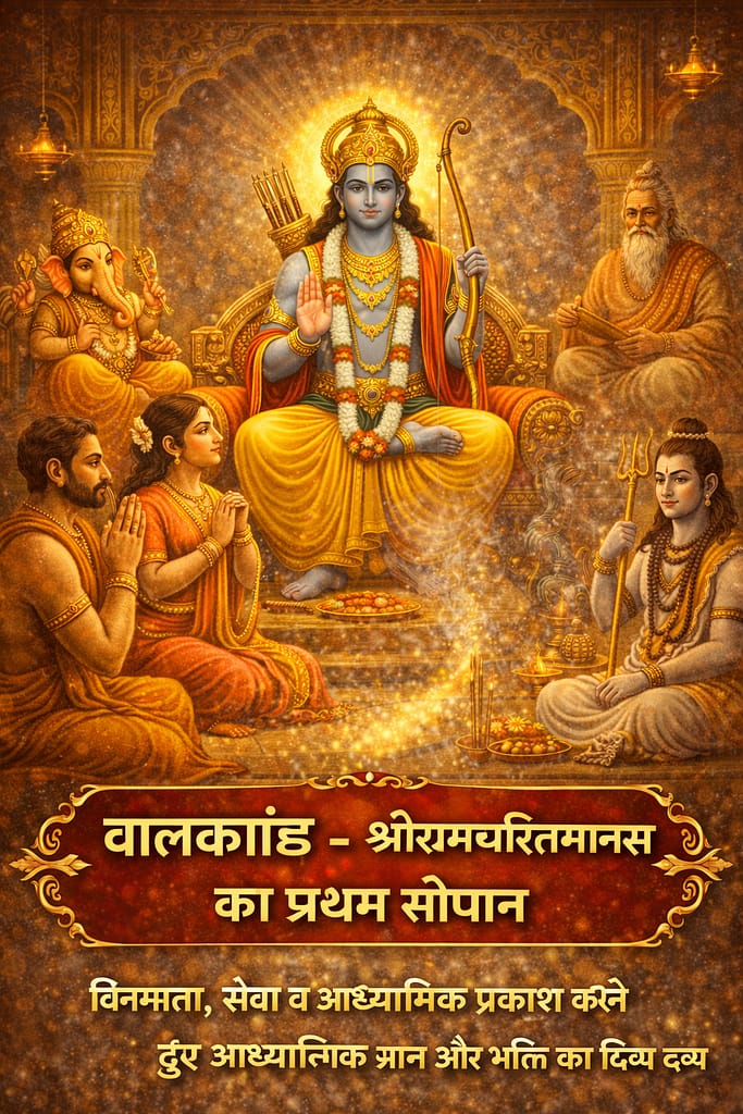 बालकाण्ड – श्रीरामचरितमानस का प्रथम सोपान - भगवान श्रीराम स्वर्ण सिंहासन पर विराजमान हैं और उनके आसपास माता सीता, भगवान गणेश, भगवान शिव और संत तुलसीदास श्रद्धा से उपस्थित हैं, जो श्रीरामचरितमानस के बालकाण्ड की दिव्य शुरुआत को दर्शाता है।