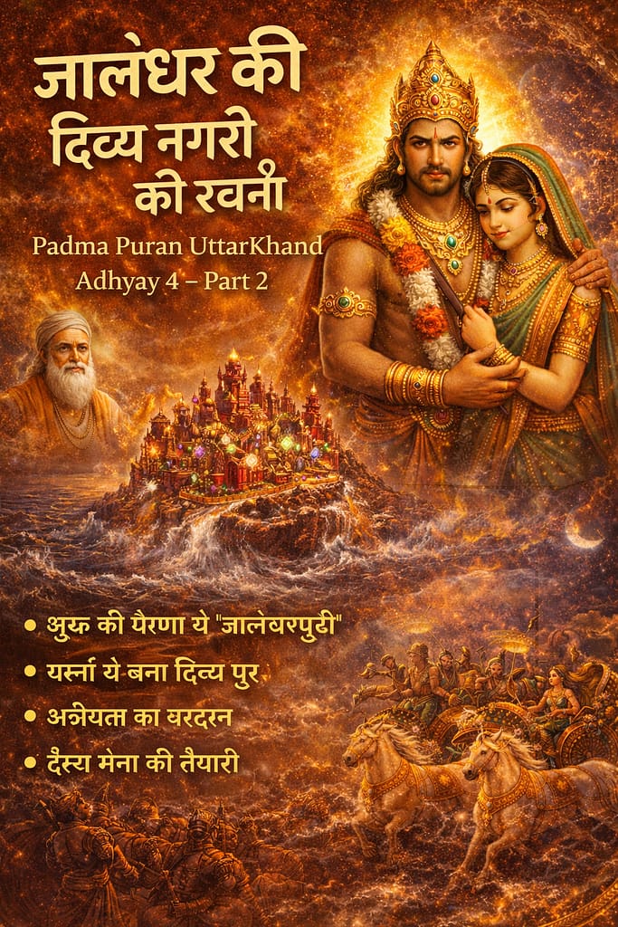 पद्म महापुराण उत्तरखण्ड - अध्याय 4, भाग 2; जालंधर की दिव्य नगरी का भव्य दृश्य, जिसमें रत्नों से बने महल, स्वर्ण द्वार, चमकती प्राचीरें और दिव्य प्रकाश से आलोकित आकाश दर्शाया गया है।