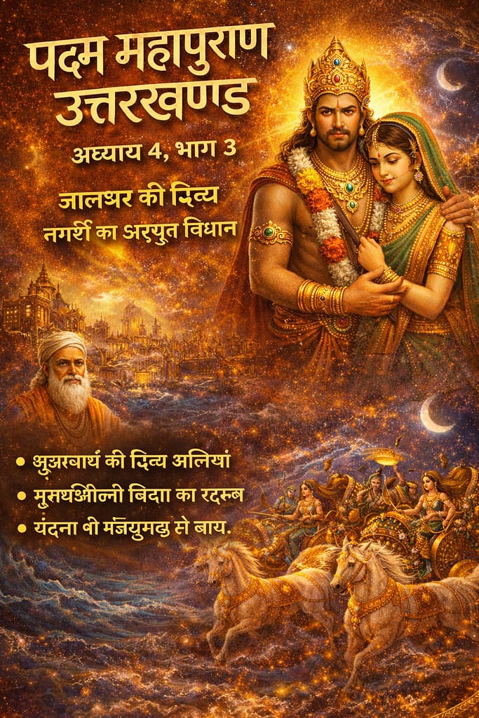 पद्म महापुराण उत्तरखण्ड अध्याय 4 भाग 3 में जालन्धर और वृन्दा का दिव्य चित्रण, स्वर्णिम नगरी, असुर सेना और समुद्र से उदित भव्य दृश्य