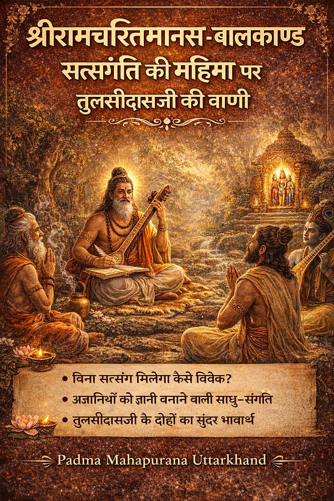सत्संगति की महिमा पर तुलसीदासजी की वाणी - श्रीरामचरितमानस बालकाण्ड में गोस्वामी तुलसीदासजी संतों के साथ बैठकर सत्संग की महिमा का उपदेश देते हुए, पृष्ठभूमि में श्रीराम दरबार का दिव्य दृश्य