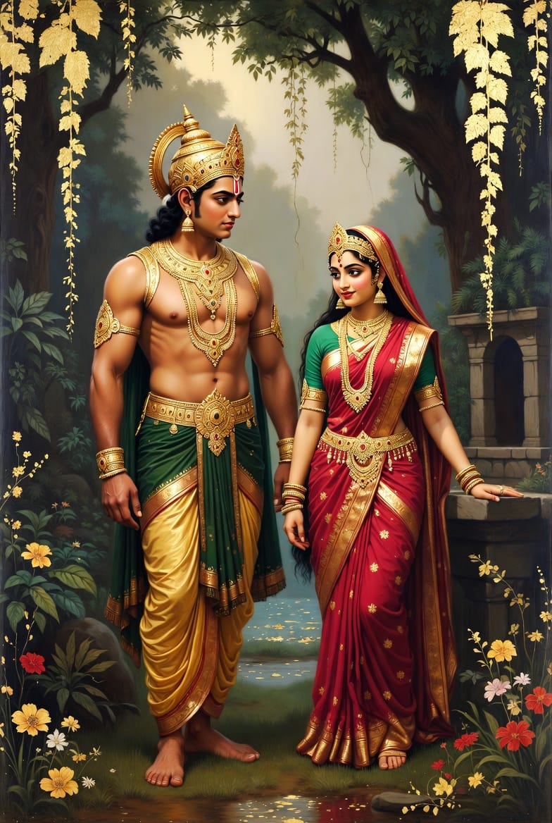 श्रीहरि लीला का अंत और वृंदा का त्याग: वृन्दा अपने पति के समान प्रकट हुए पुरुषाकार को प्रेम से आलिंगन करती हुई पारंपरिक चित्रशाला में दिव्य सुनहरे प्रकाश में बहती भावना।