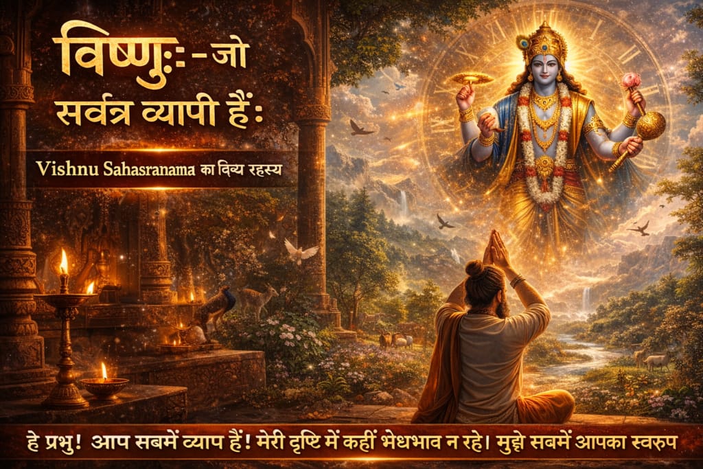 Current image: विष्णुः भगवान विष्णु का चतुर्भुज रूप आकाश में प्रकट होते हुए, एक साधक मंदिर में हाथ जोड़कर प्रार्थना करता हुआ, जो उनकी सर्वव्यापकता को दर्शाता है