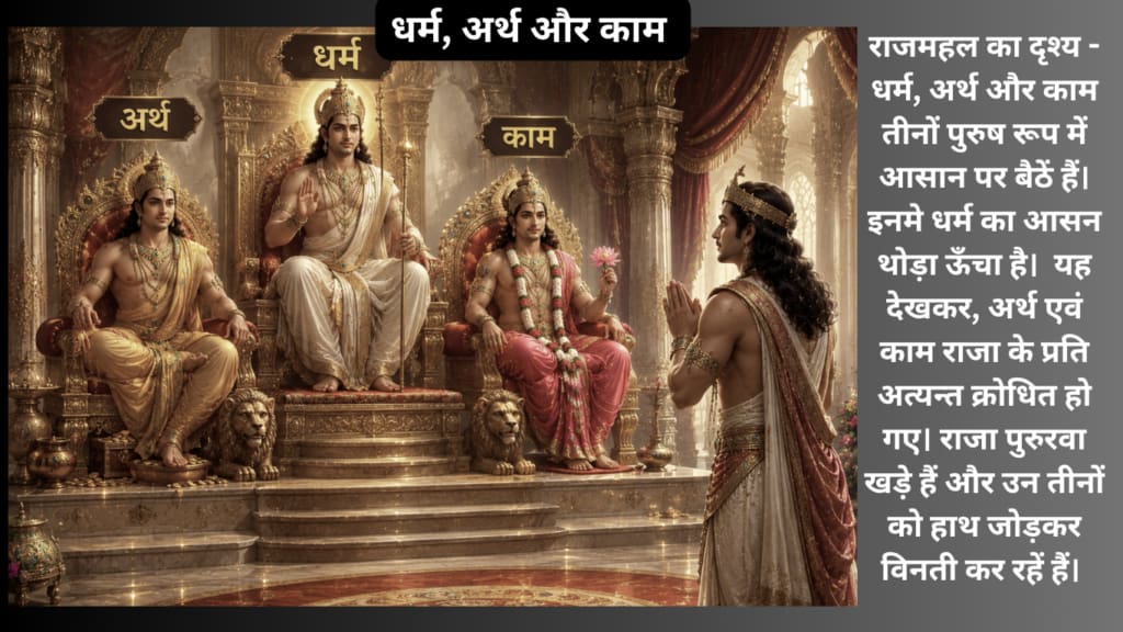 Current image: राजा पुरुरवा खड़े हैं और उन तीनों को हाथ जोड़कर विनती कर रहें हैं।