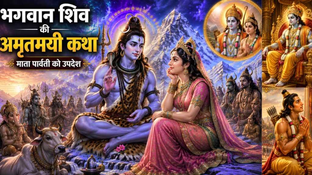 Current image: सही प्रश्नों की शक्ति - भगवान शिव माता पार्वती को कथा सुना रहें है।