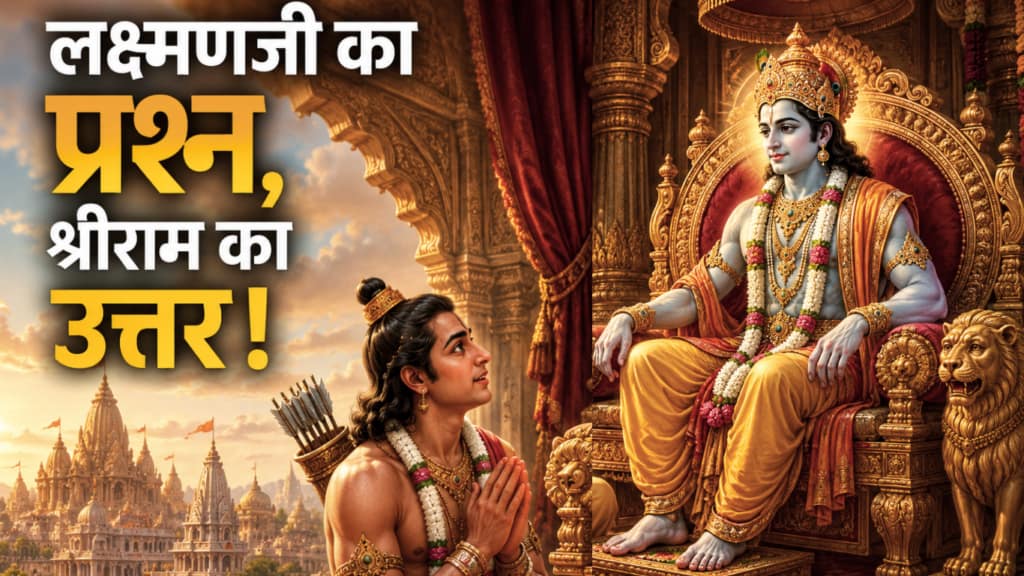 Current image: सही प्रश्नों की शक्ति -श्रीराम महल में सिंहासन पर बैठे हैं और उनकी चरणों के पास हाथ जोड़े लक्ष्मणजी बैठे हैं।