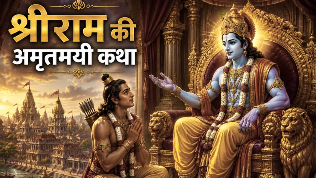 Current image: सही प्रश्नों की शक्ति - अयोध्या का दृश्य, श्रीराम महल में सिंहासन पर बैठे हैं। उनकी चरणों के पास हाथ जोड़े लक्ष्मणजी बैठे हैं